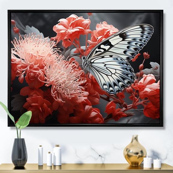 Designart "Butterfly Haven Red Grey I" Animals Floater Framed Wall Art Living Room