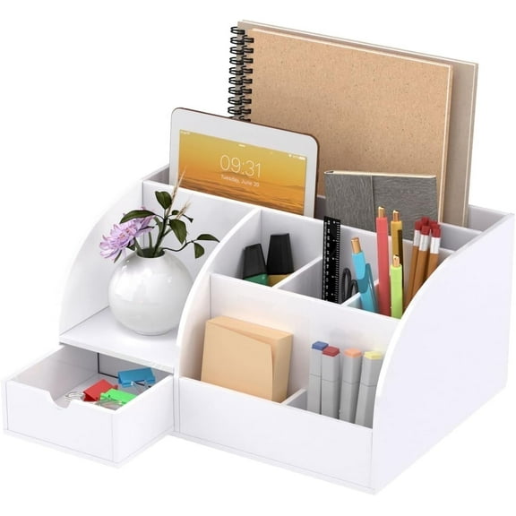 NIUBEE Desk Organizer Office Accessaries,Pen Organizer Storage with 8 Compartments  1 Drawer Desk, Fits for Pens, Scissors, Notepads & Office Supplies