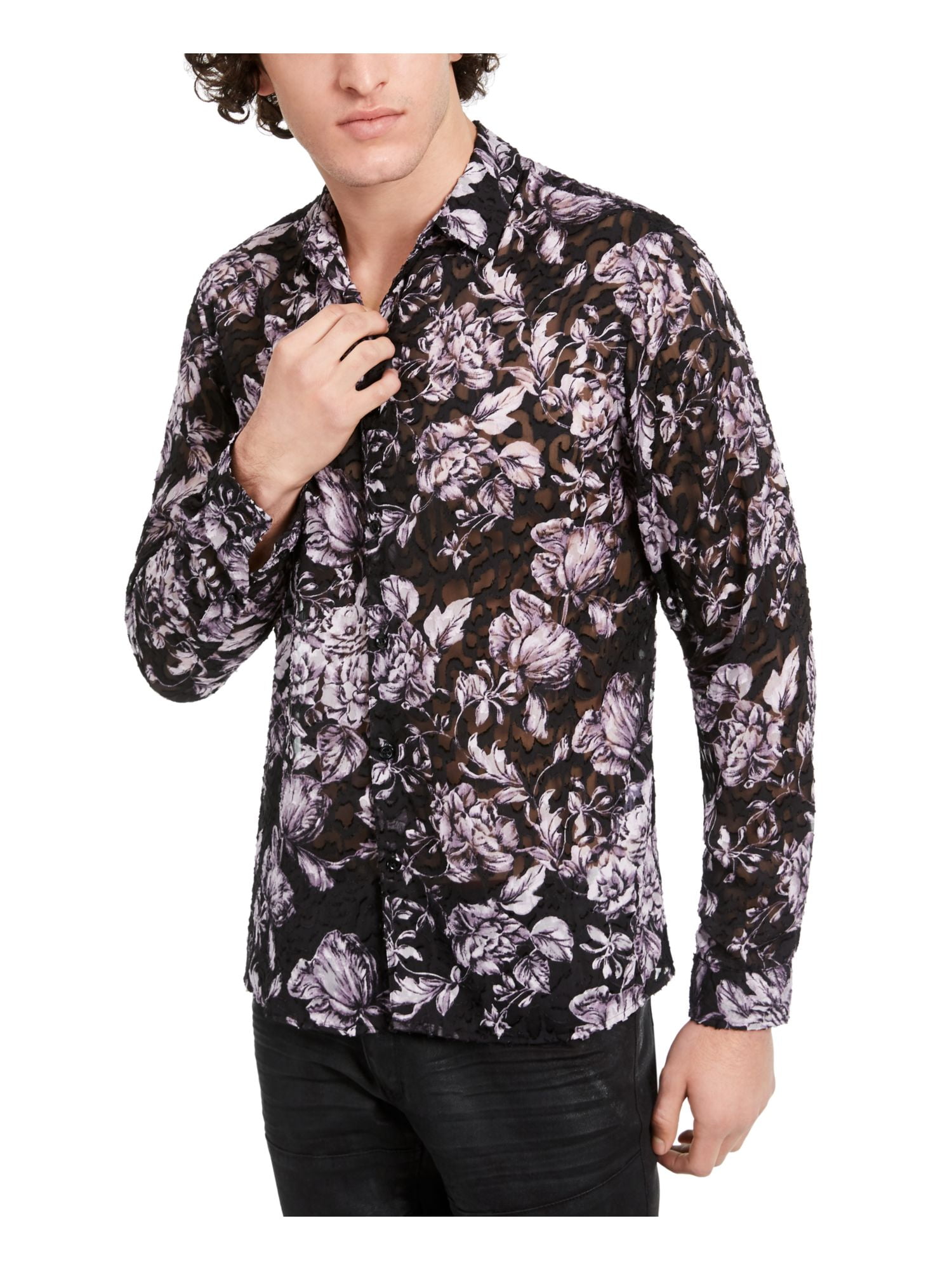 Mens black floral button down shirt Clearance