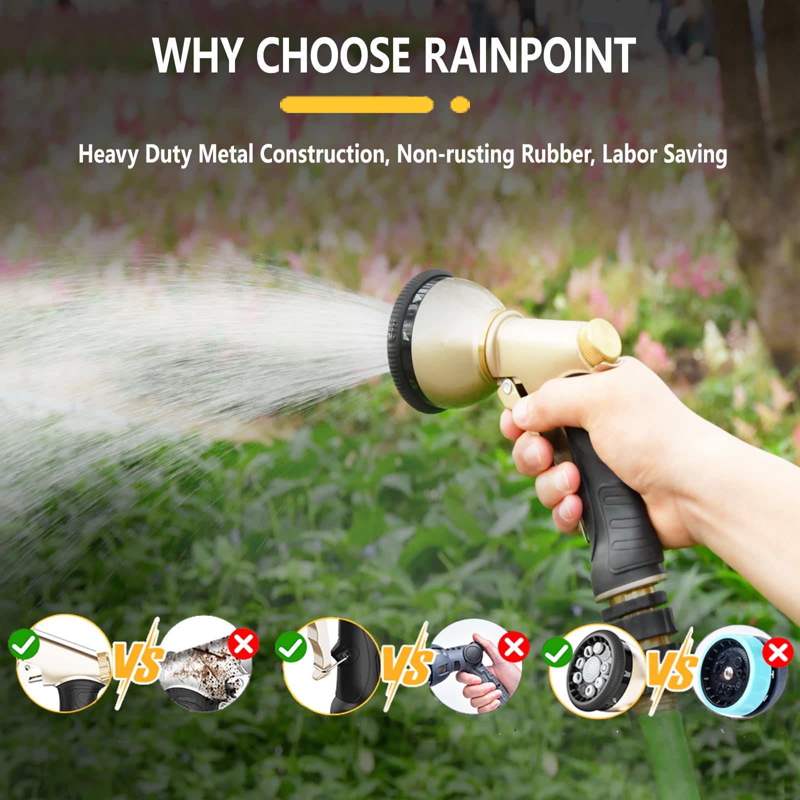 RainPoint Garden Hose Nozzle Sprayer Heavy Duty 9-Pattern Watering Nozzle,Green