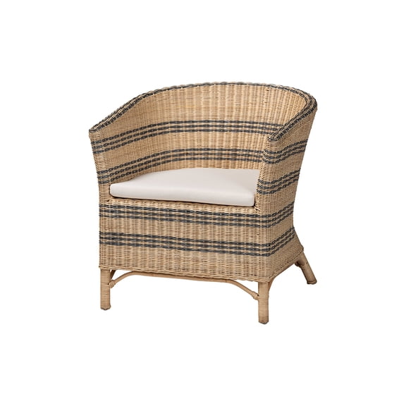 bali & pari Elda Natural Rattan Accent Chair - Wicker Barrel-Back Chair with Two-Tone Woven Stripes and Cushion, Coastal Boho Style Seating for Living Room or Sunroom