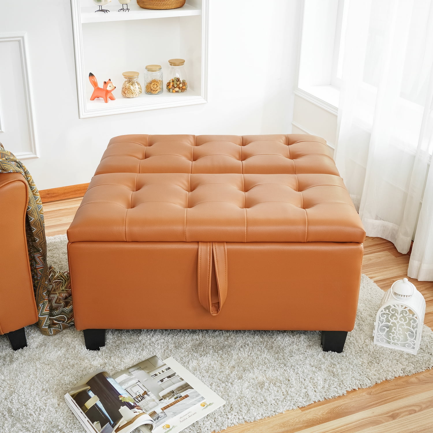 Charlotte 35 Inch Large Square Storage Ottoman Bench, Tufted Upholstered Lift Top Coffee Table Ottoman with Storage, Oversized Storage Ottomans, Toy Box, Air Leather Footrest for Living Room – Caramel