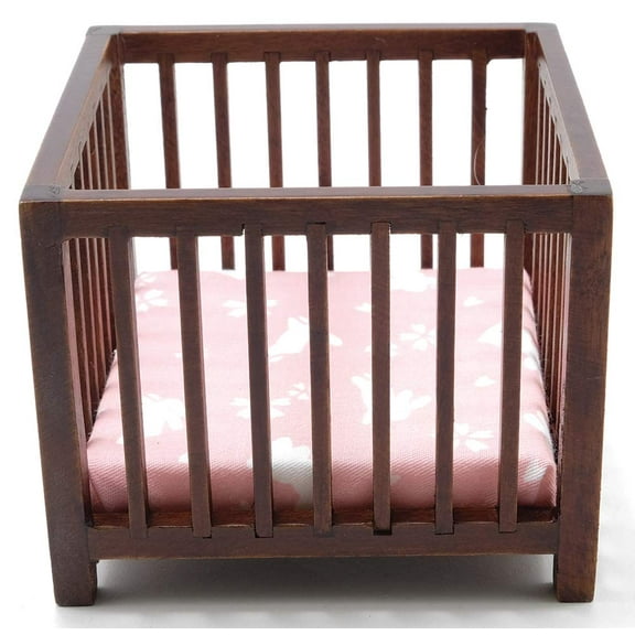 Classics by Handley Dollhouse Miniature Walnut Slatted Play Pen with Pink Fabric