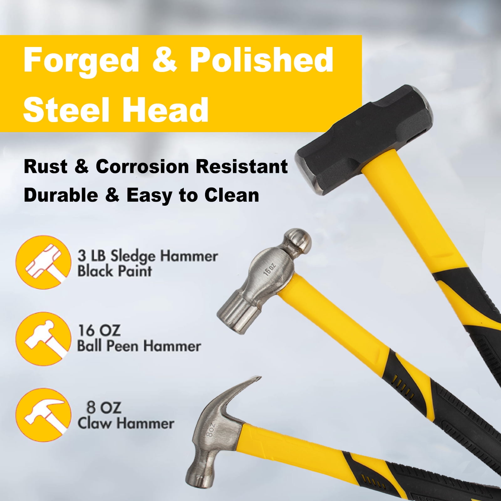 5-Piece forge/Polish Steel Head, Fiberglass Handle Set - 32oz Rubber Mallet | 16oz Claw & Ball-Peen Hammers | 3lb Sledge | 22oz Double-Faced Mallet