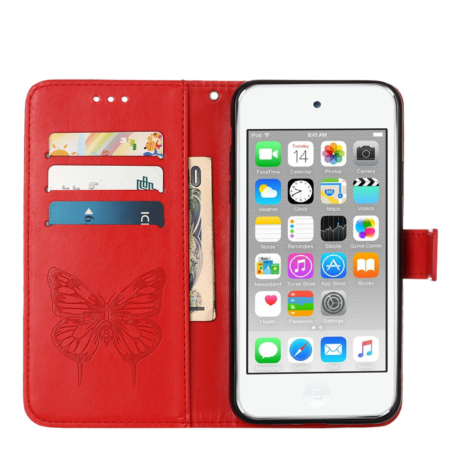 iPod Touch 7 Case,iPod Touch 6 Case, Embossed Butterfly PU Leather Credit  Card Holder Slots Protection Kickstand Flip Shockproof TPU Phone Cover for  