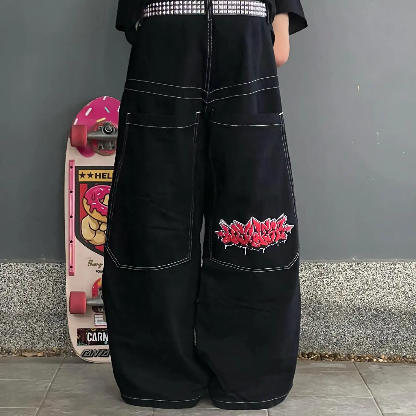 Retro High Waist Wide Graphic Embroidered Baggy Jeans Hip Hop