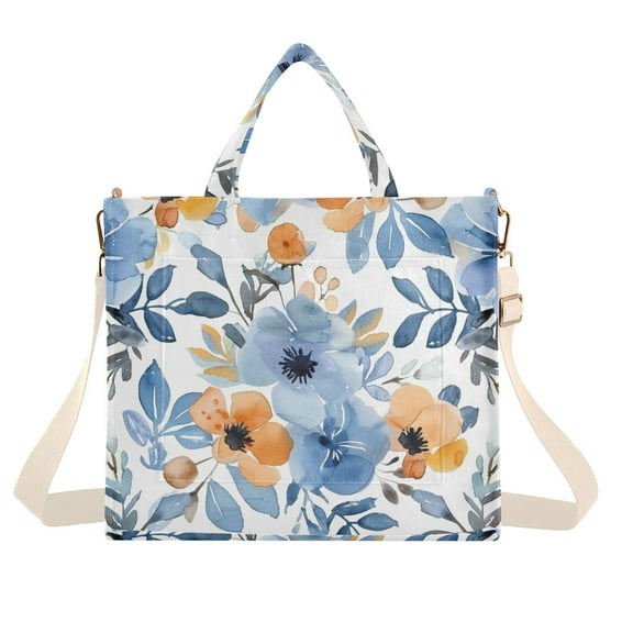 Flowers Leaves Painting Corduroy Tote Bag Handbag Large Messenger Bag Shoulder Crossbody Zipper Bag Purse