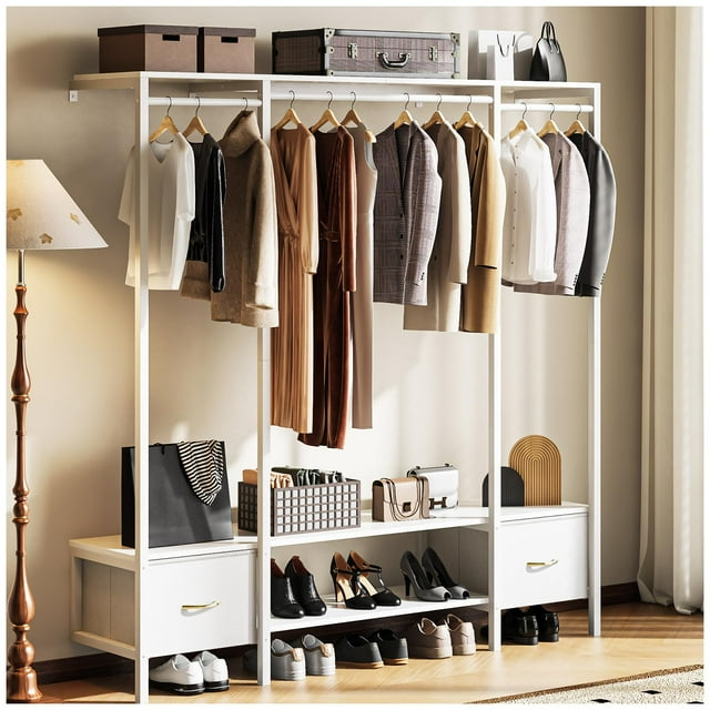 Simple Hogar Perchero Para ropa, Closet Armables Para Ropas, Closet de Madera, Montado en la Pared Rack Para Ropas, Organizador de Ropa Viene con dos Cajones de Tela