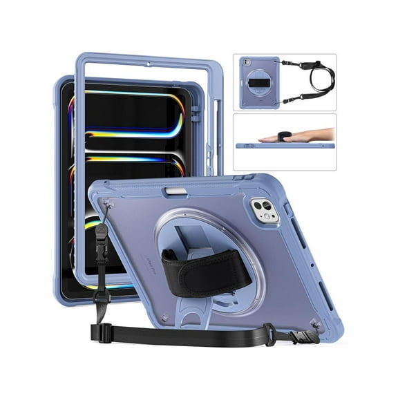 Case for iPad Pro 11 Inch M4 2024 5th Gen Heavy Duty Rugged Shockproof Cover with 360° Rotating Hand Strap Foldable Stand & Shoulder Strap, Pencil Holder