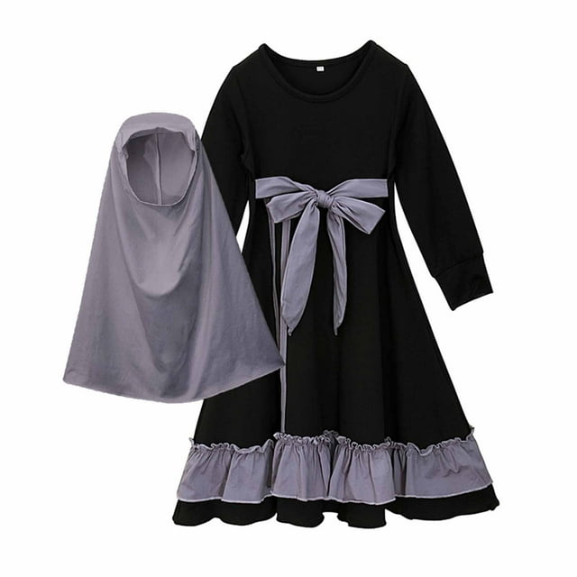 Bwiyojiz Lot de 2 Pcs Tailles Mode 1-13 Ans Robe à Manches Longues à Col Rond Longueur Cheville Robe Patchwork à Col Rond à Manches Longues pour Filles Musulmanes + Couvre-Bandeau Ensemble Deux Pièces, 4-5, Cadeaux pour la Famille, Noir