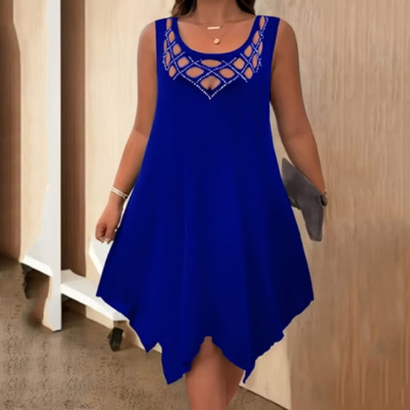 Blmnix Ladies Dresses Plus Size Dresses Shift Tank Dress Dresses Sleeveless Midi Dresses Blue Crew Neck Antimicrobial Protection Summer Dress for Women,S