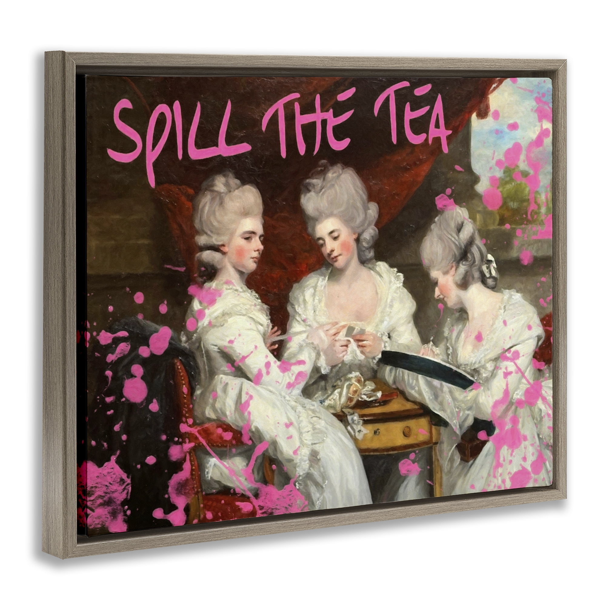 Stupell Industries Spill The Tea Iconic Ladies Brown Framed Floater Canvas Wall Art, design by Grotto Studios