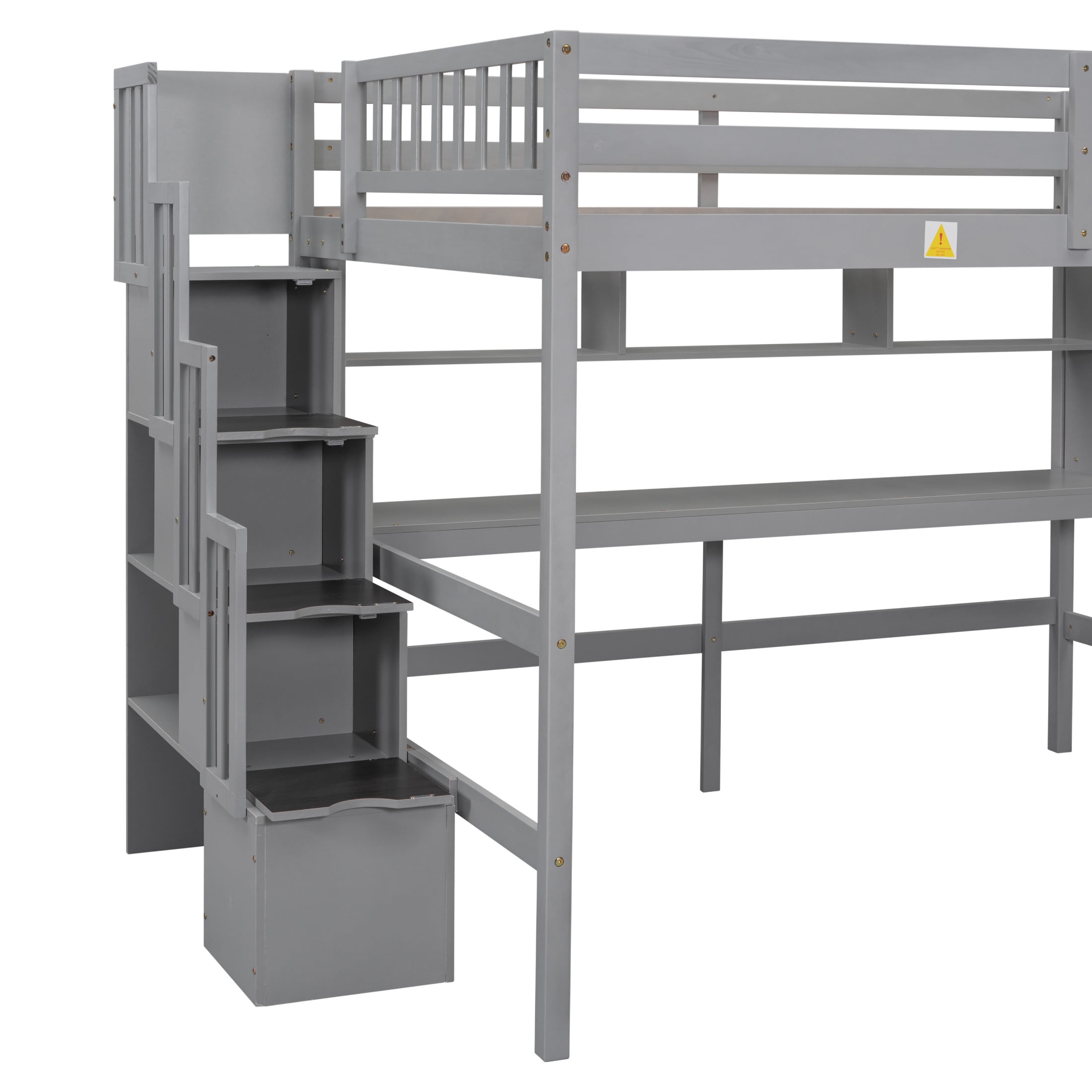 Noble House Full Size Loft Bed with Built-in Desk, Bookshelves and Storage Staircase, Pine Wood Frame, Grey