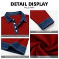 thumbnail image 6 of Mens Long Sleeve Polo Shirts Lapel Collar Button Pullover Color Block Denim Patchwork Lightweight Trendy Daily Casual Shirt Red XXL, 6 of 8
