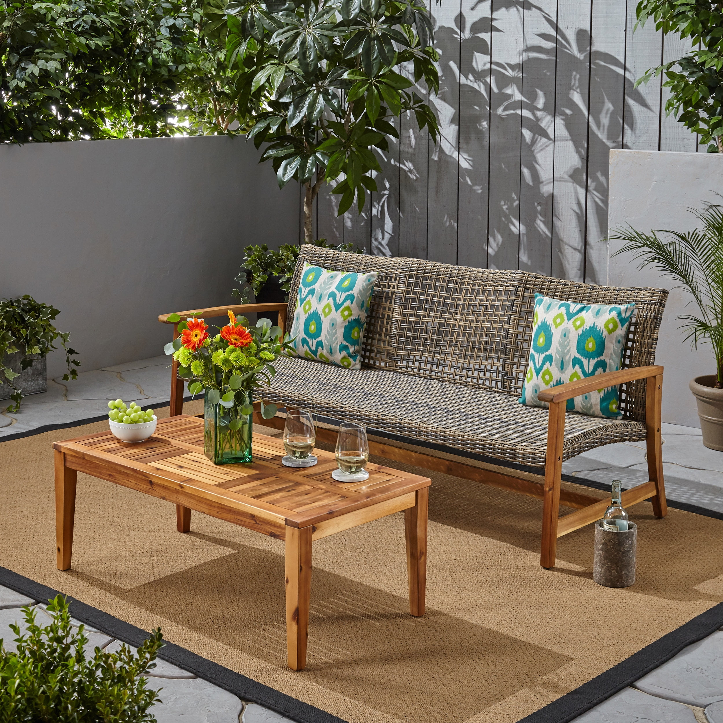 Camdyn Outdoor Wood and Wicker Sofa and Coffee Table Set Gray