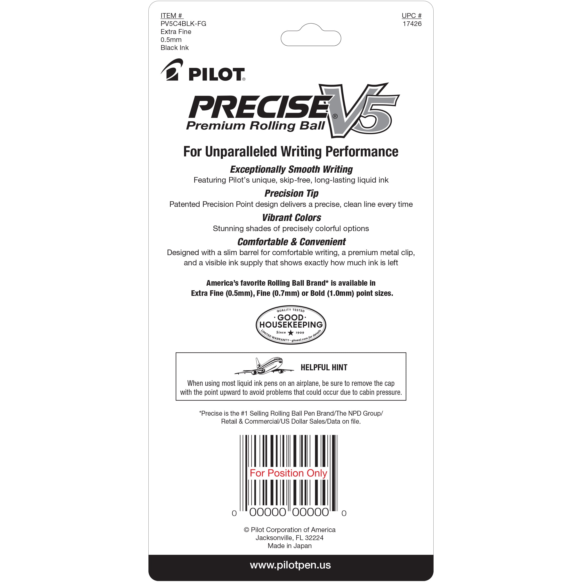 Pilot Precise V5 Premium Rolling Ball Stick Pens, Extra Fine Point, Black Ink, 4 Count with Bonus