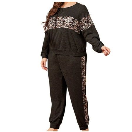 

Women s 2 Piece Outfits Leopard Patchwork Long Sleeve Crewneck Pullover Long Pants Pajamas Sets Loungewear Plus Size