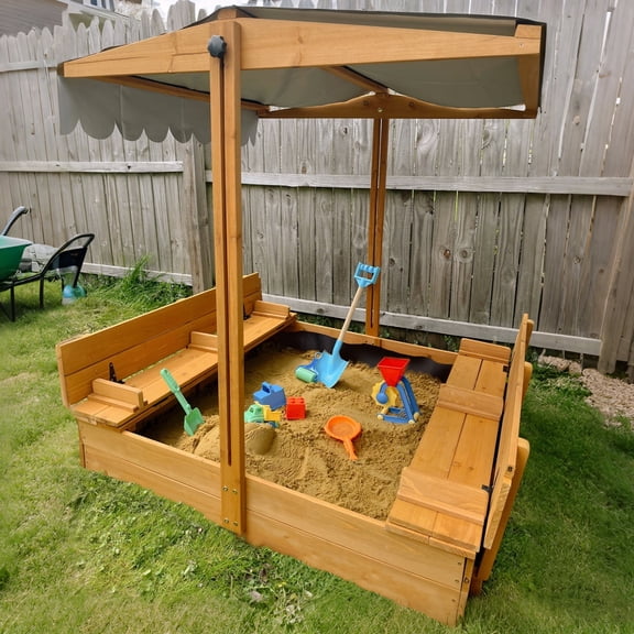 Suumerpety Sandbox with Cover for Kids, Wooden Outdoor Sand Box with Foldable Seats & Adjustable Canopy for Backyard