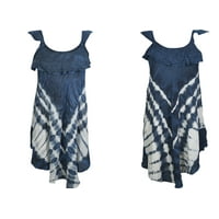 Mogul 2PC Beautiful Tie Dye Beach Dress Sleeveless Flare Blue Cover Up Rayon Scoop Neck Stylish Summer Tank Dresses For Womens M