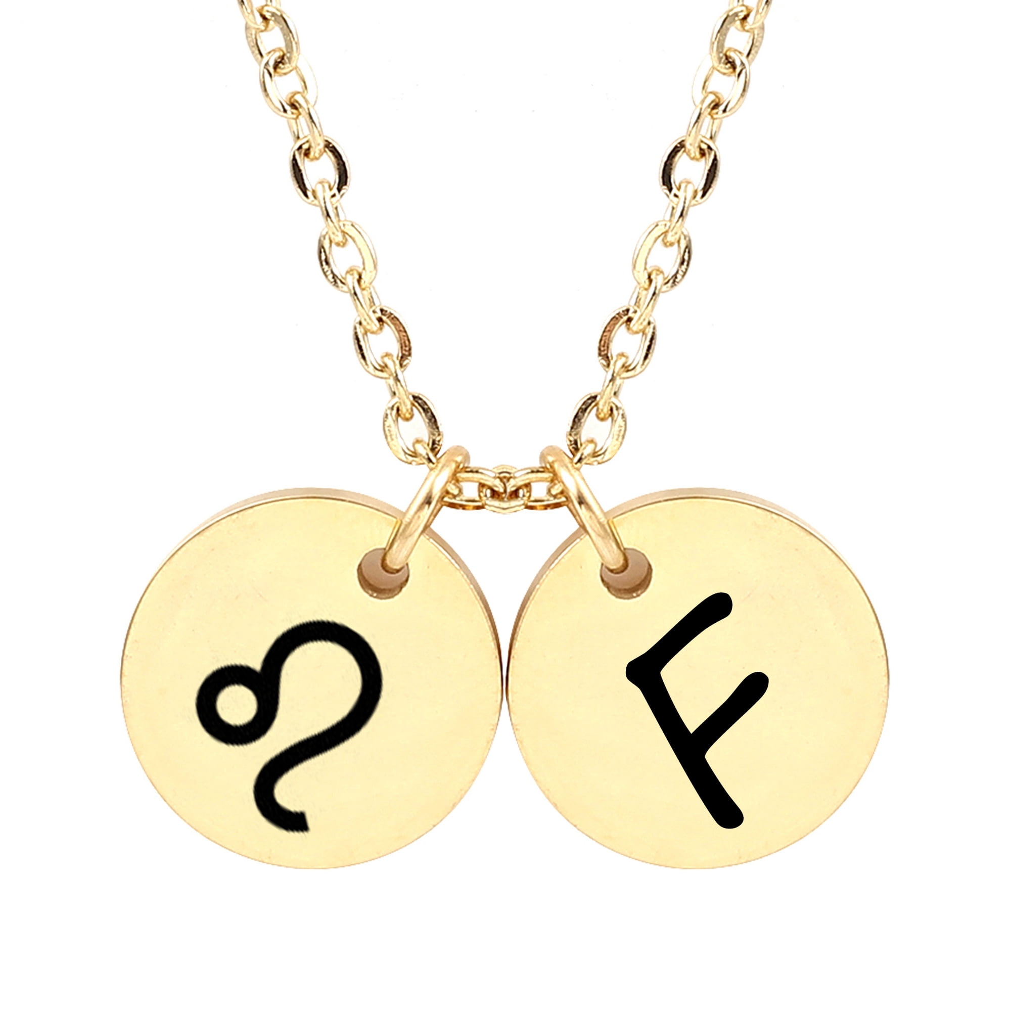 Personalized Round Constellation Initial Necklace - Engraved Zodiac Symbol Jewelry - Christmas Gift for Her - Stainless Steel - 18" Chain - Gold Leo