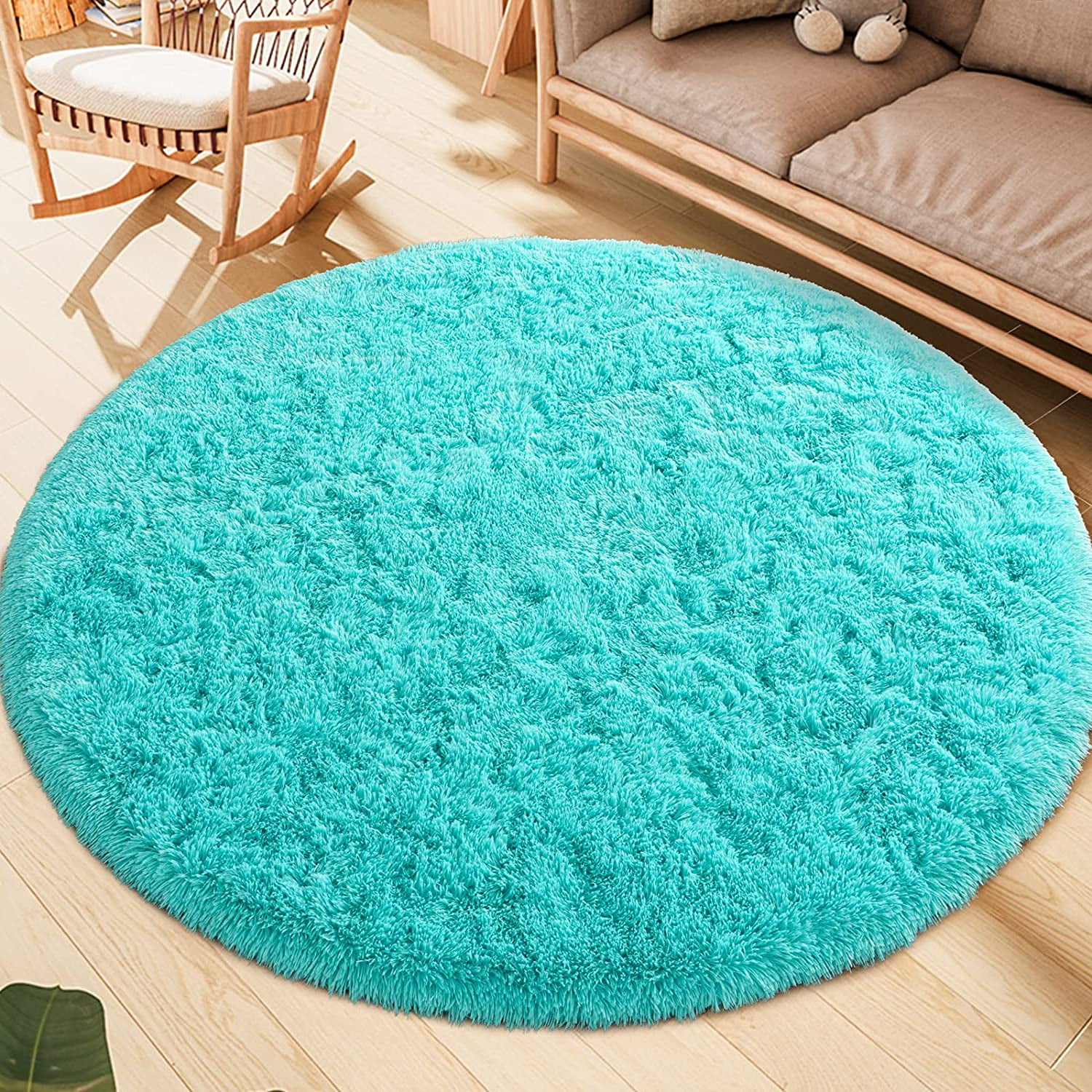 Junovo Round Fluffy Area Rugs For Kids Girls Princess Castle Plush Shaggy Carpet Cute Circle Nursery Rug For Kids Room Bedroom Living Room,4'x4',Blue