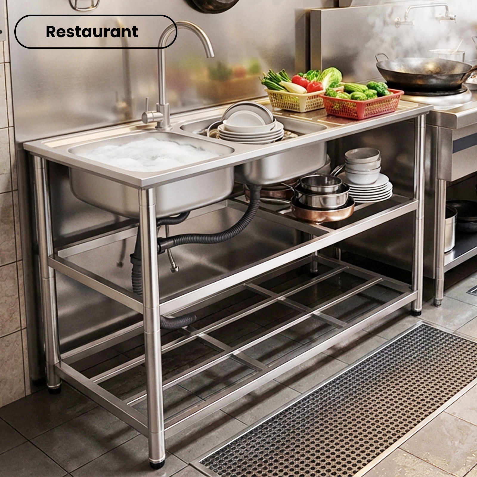Zhuotong47.2 Inch Heavy-Duty Double Bowl Sink Station, Free-Standing Stainless Steel Utility Sink with Worktop, Lower Storage Shelf and Faucet, for Kitchen, Restaurant, Laundry & Outdoor Use