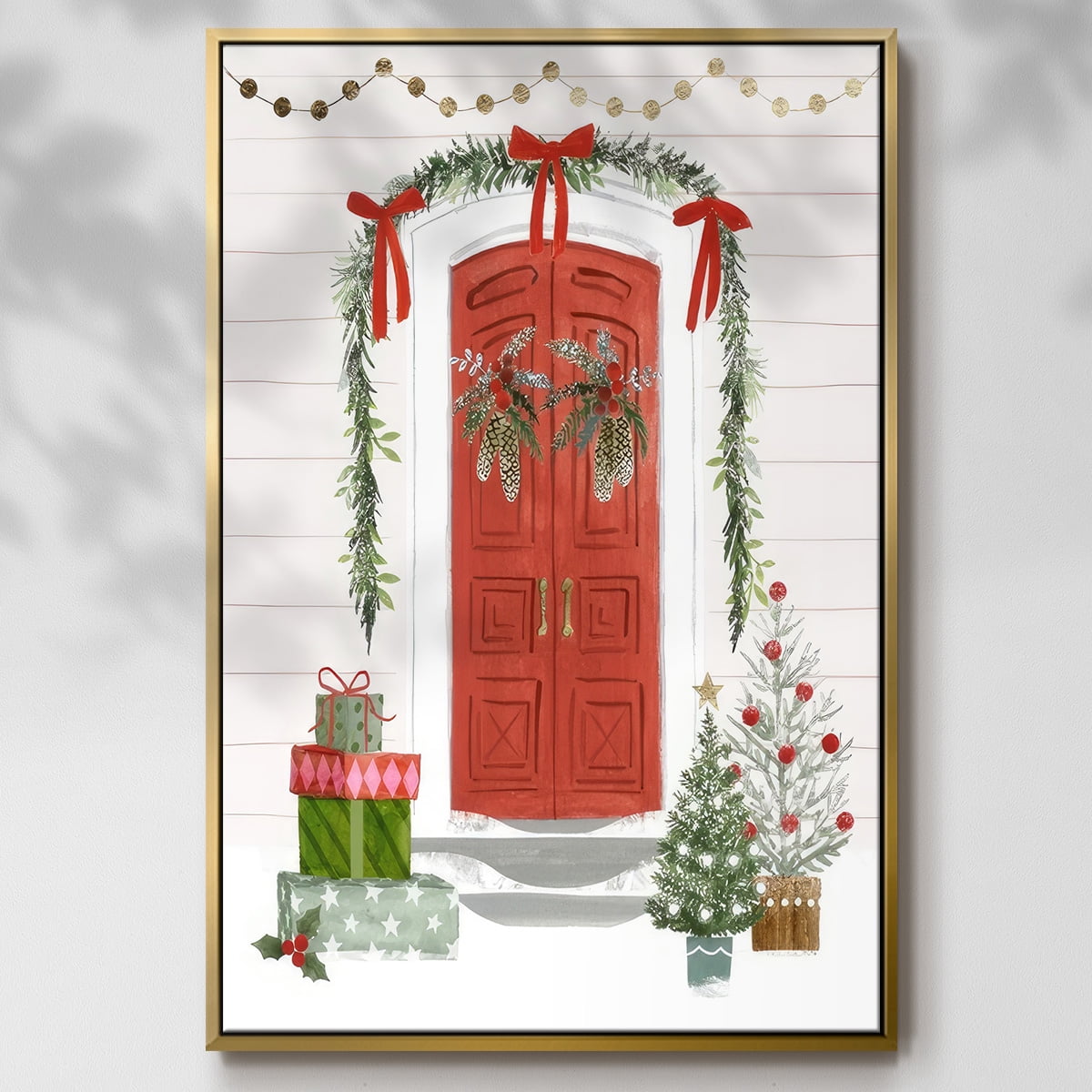Festive Front Door II - Framed Gallery Wrapped Holiday Canvas - 17 x 25 - Gold Frame