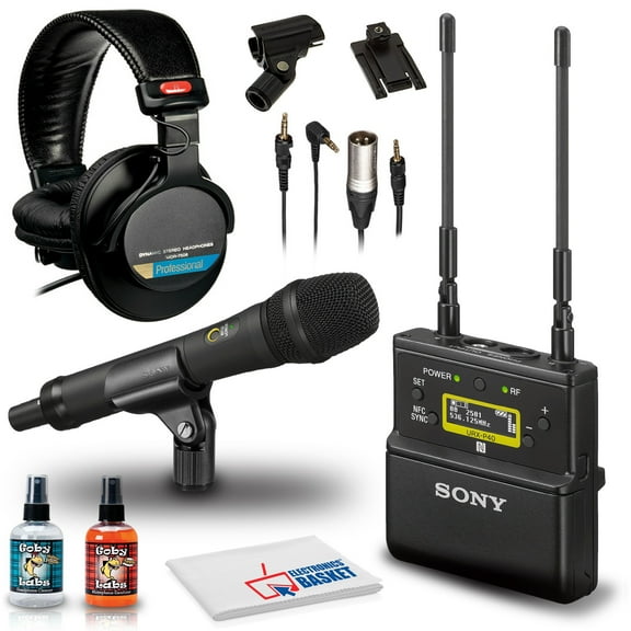 Sony UWP-D22 Camera-Mount Wireless Cardioid Handheld Microphone System (UC14: 470 to 542 MHz) Bundle with Headphones and Cleaning Kit