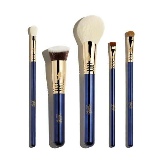 Sigma Beauty Disney's Beauty and the Beast Makeup Brush Set - Limited Edition, 5 Blue Brushes & Beauty Bag, Premium Synthetic Fibers, Durable Handles for Face & Eyes