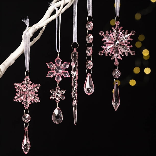 5 colgantes coloridos de barra de hielo para árbol de Navidad | Adornos de copos de nieve simulados | Adornos colgantes ligeros con cordones | Ideales para árboles, puertas, ventanas, techos y