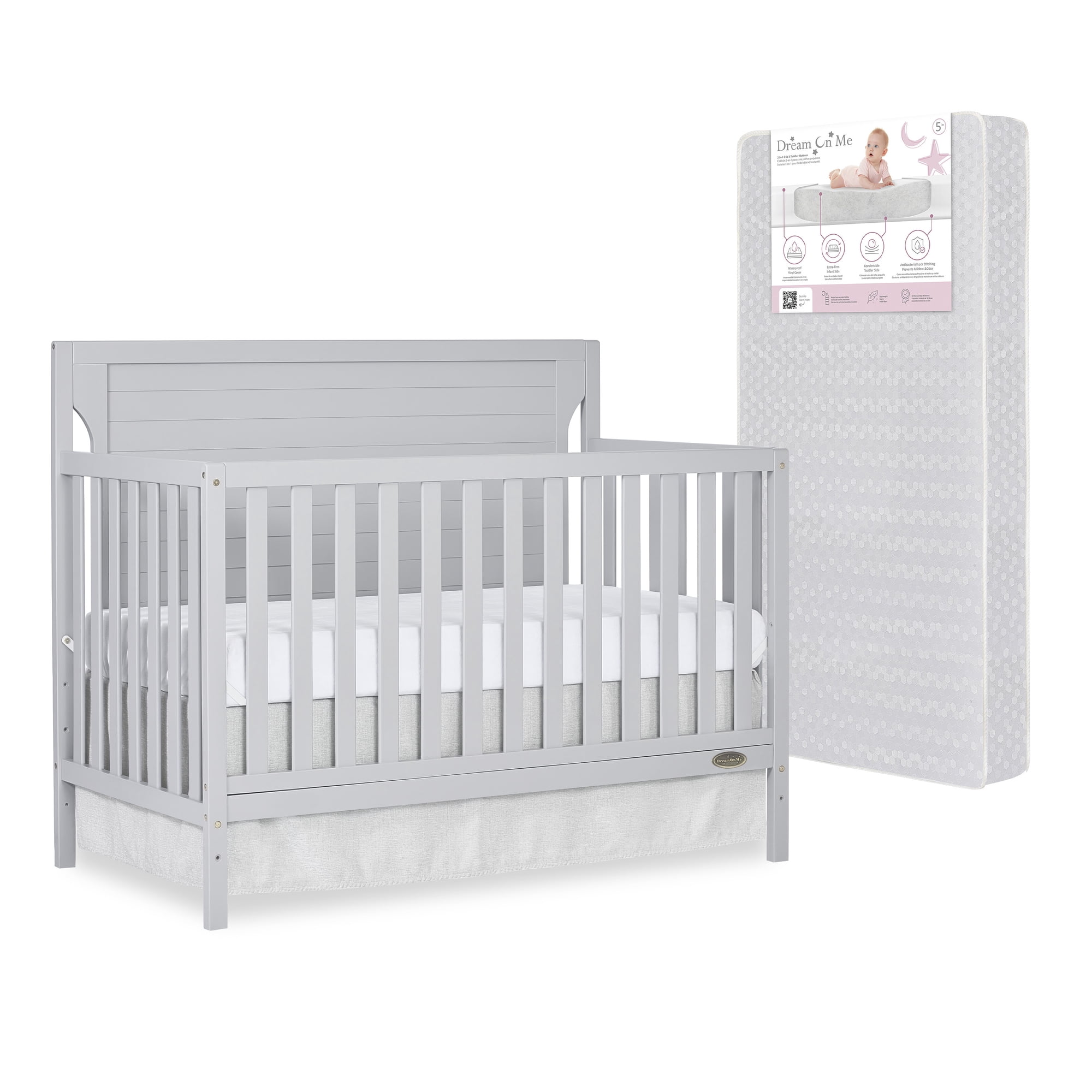 Nursery Bundle, Dream On Me Cape Cod 5 in 1 Convertible in Pebble Grey and Crib & Toddler Mattress Bundle