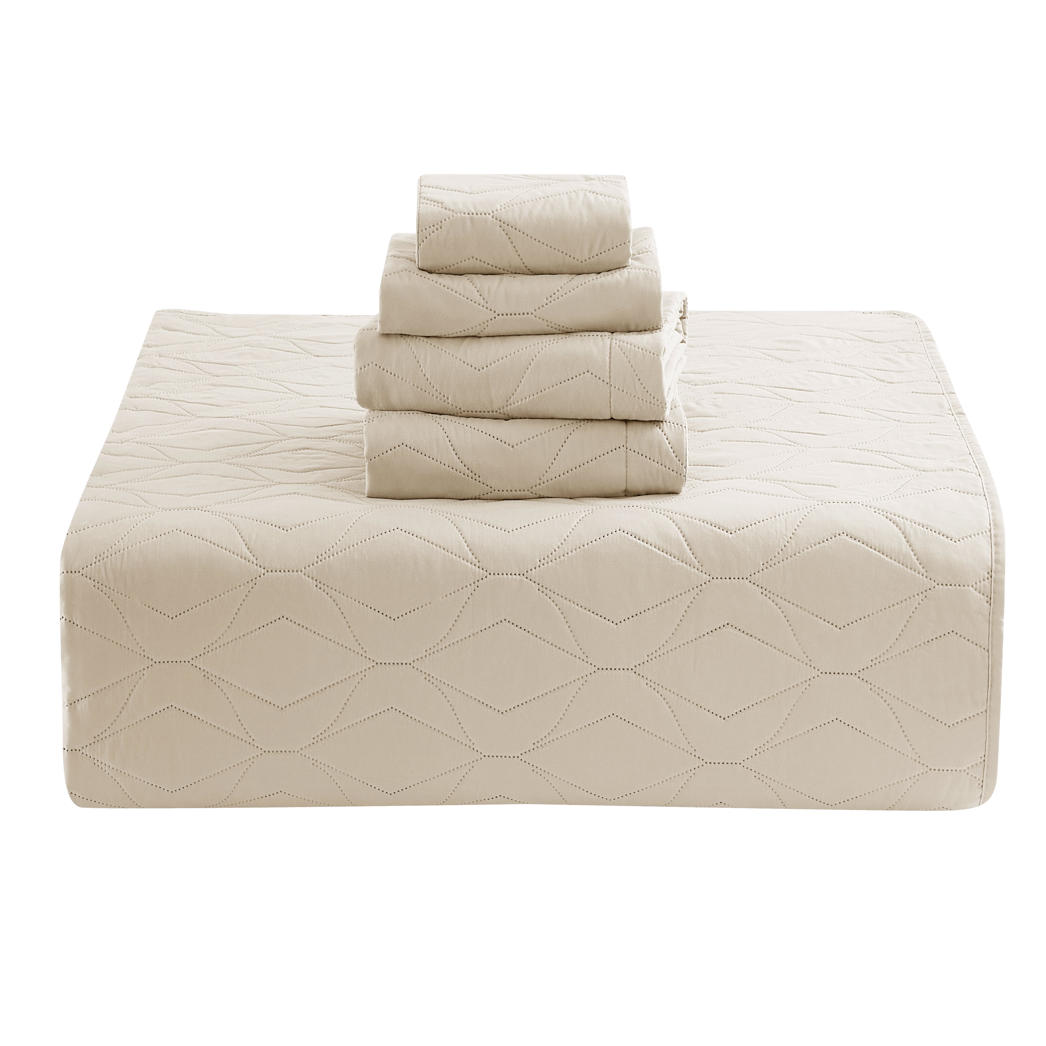 Nestl 4 Piece Quilt Set Twin with Pillow Shams and Euro Shams, Soft Microfiber Lightweight Bedspread Coverlet, Modern Style Ellipse Weave Bed Cover, Beige Cream