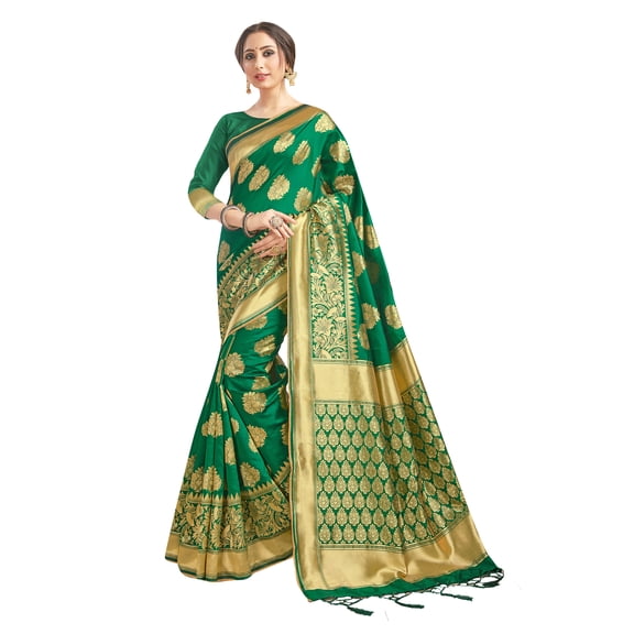 Sarees for Women Banarasi Art Silk Woven Sari - Indian Gift Diwali Festival Saree with Unstitched Blouse Green