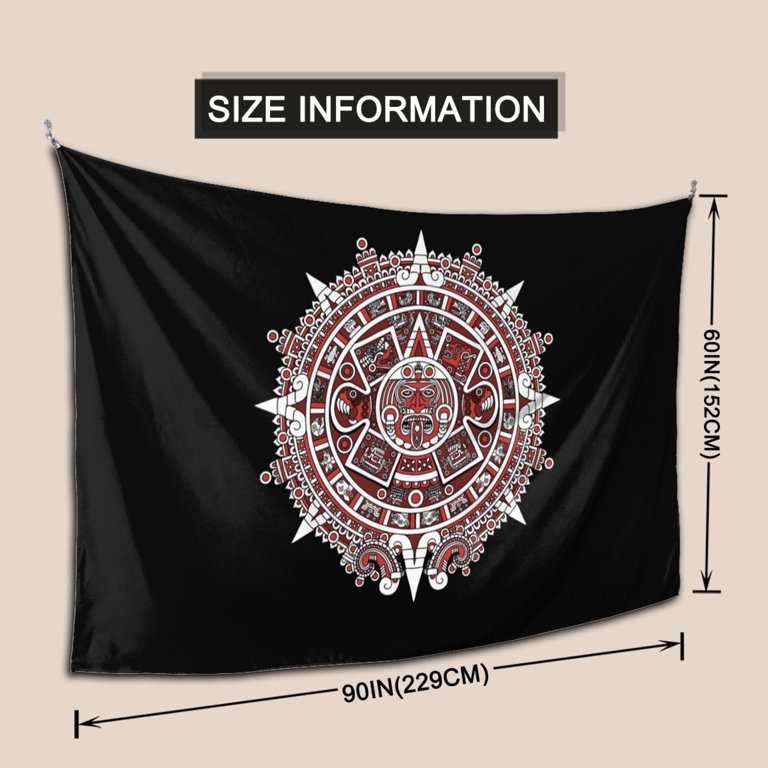 TEQUAN Aztec Mayan Calendar Red Pattern Large Tapestry, Aesthetic