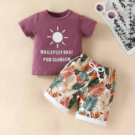 

Lilgiuy Baby Boys Hawaiian Suit Stylish Letter Printed Short Sleeved T-shirt Leaf Flower Printed Shorts Outfit for Beach Vacation Travel