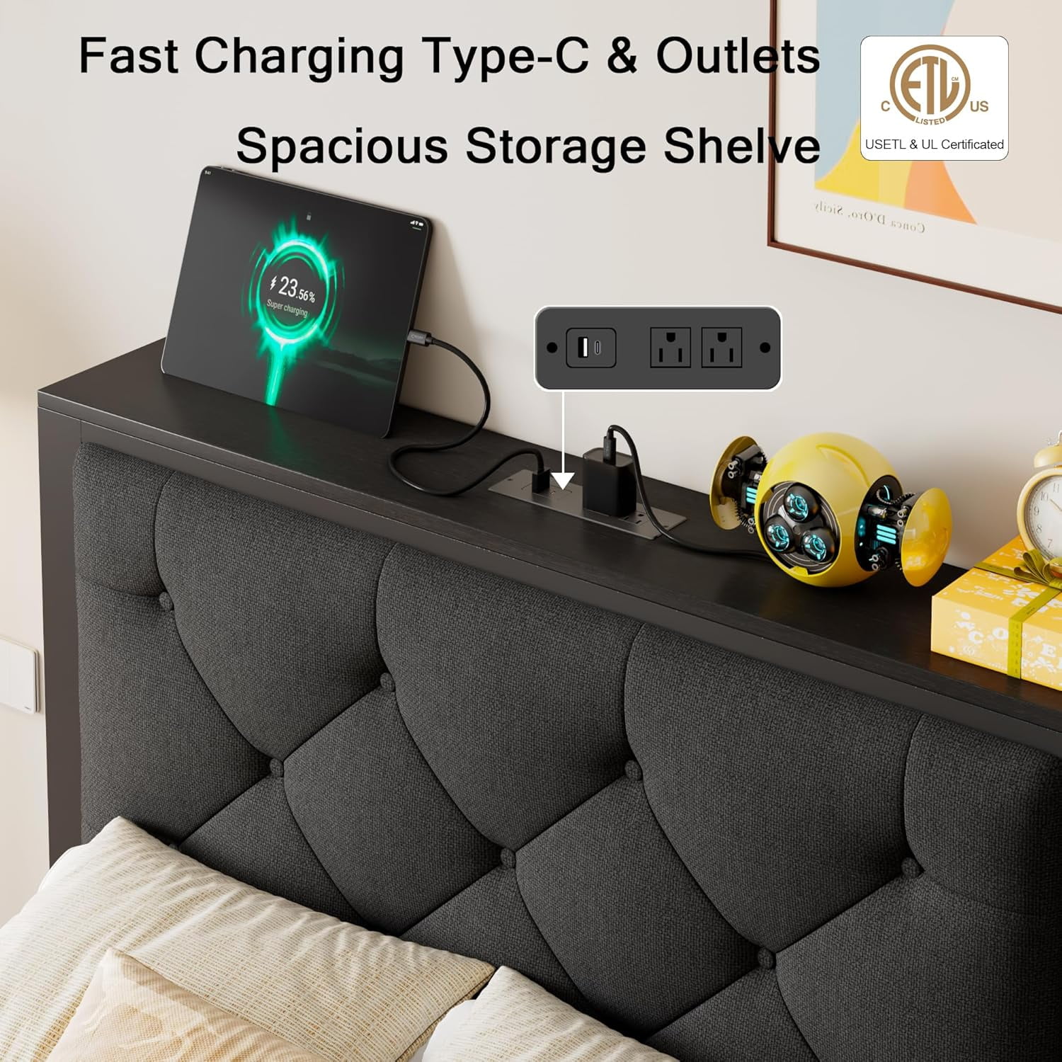 Honfach Twin Bed Frame with Storage Drawer, Metal Platform Bed with Charging Station, Upholstered Button Tufted Storage Headboard,  Black