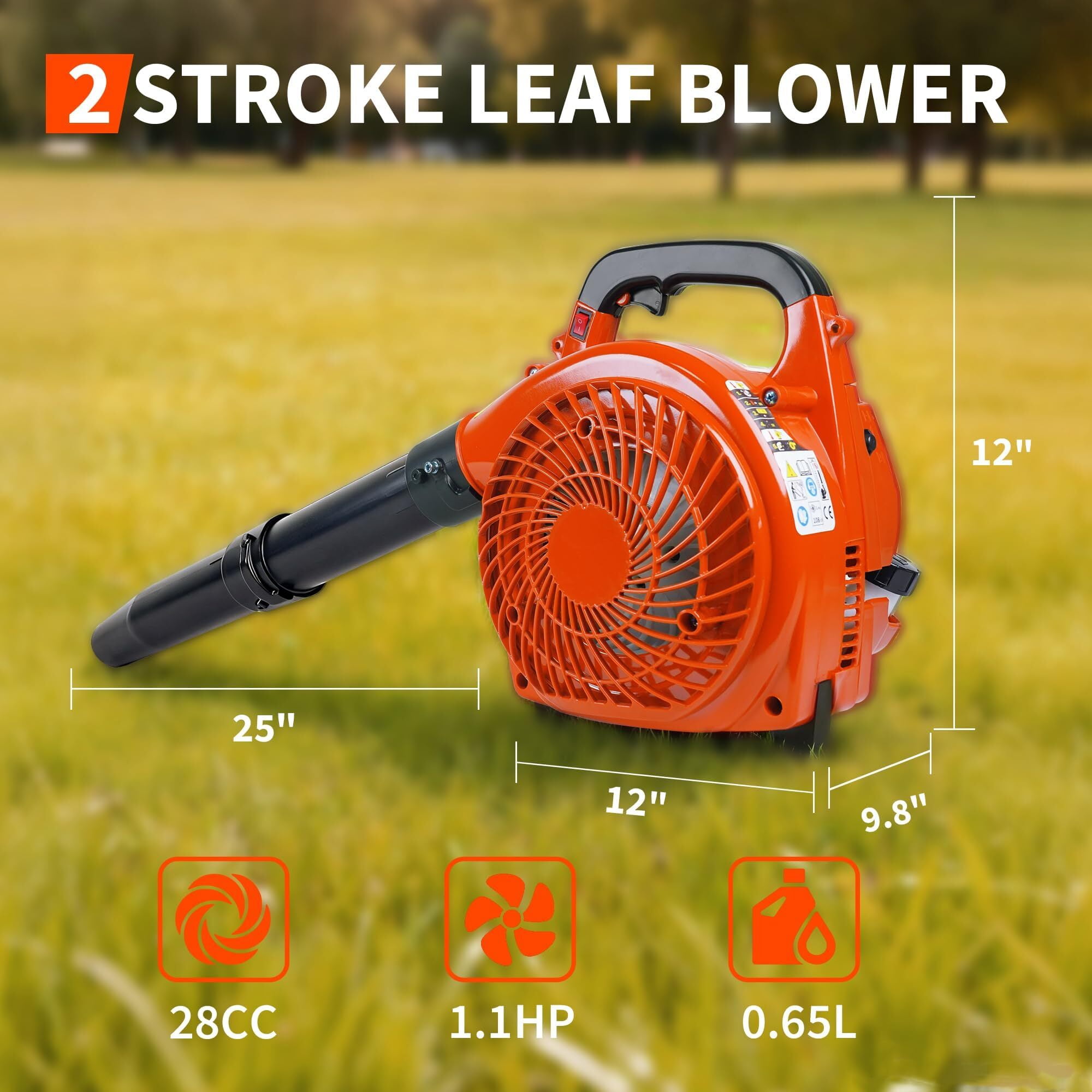EuKer Leaf Blower Gas Powered 28CC, 490 CFM Handheld Cordless Leaf Blower for Clears Leaves, Debris, Snow Removal, Orange