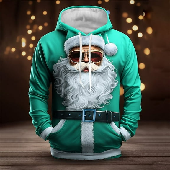 FAOWME Men's Christmas Hoodies With Pocket Long Sleeved Drawstring Santa Claus Printed Fashion Comfortable Sweatshirt Tops For Holiday Daily Wear Green L