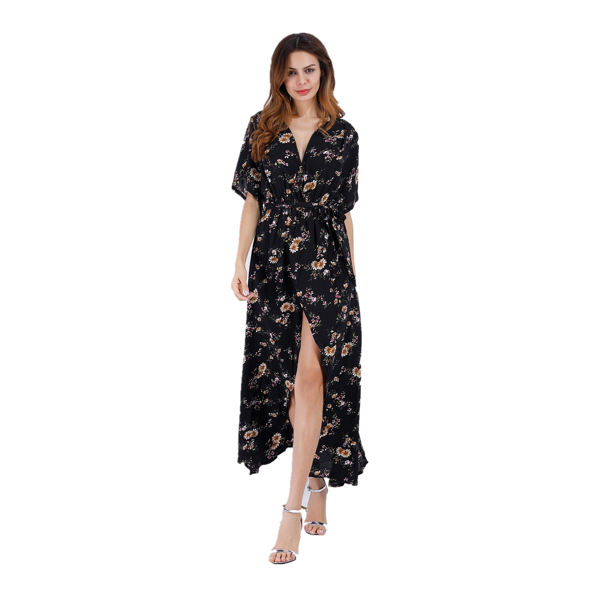 v neck floral maxi dress