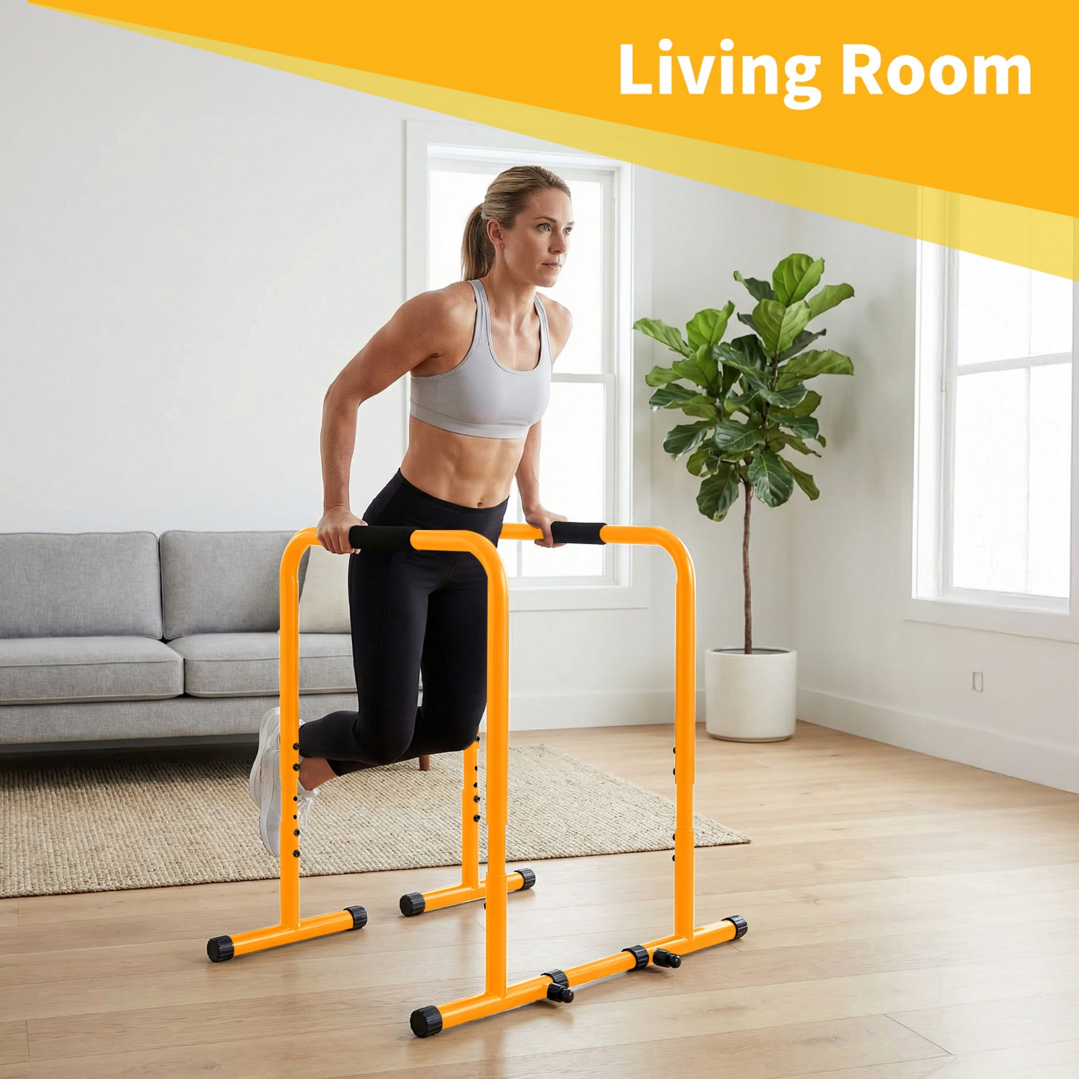 SHOUFTW Dip Stand & Doorway Pull Up Bar, Heavy Duty Adjustable Station with Foam Handles for Home/Gym/Office/Patio, Yellow