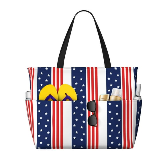 PAYOHTO USA Flag Blue Style Large Beach Tote Bags for Womens Mens Sandproof Swim Pool Bag with Zipper for Travel Vacation