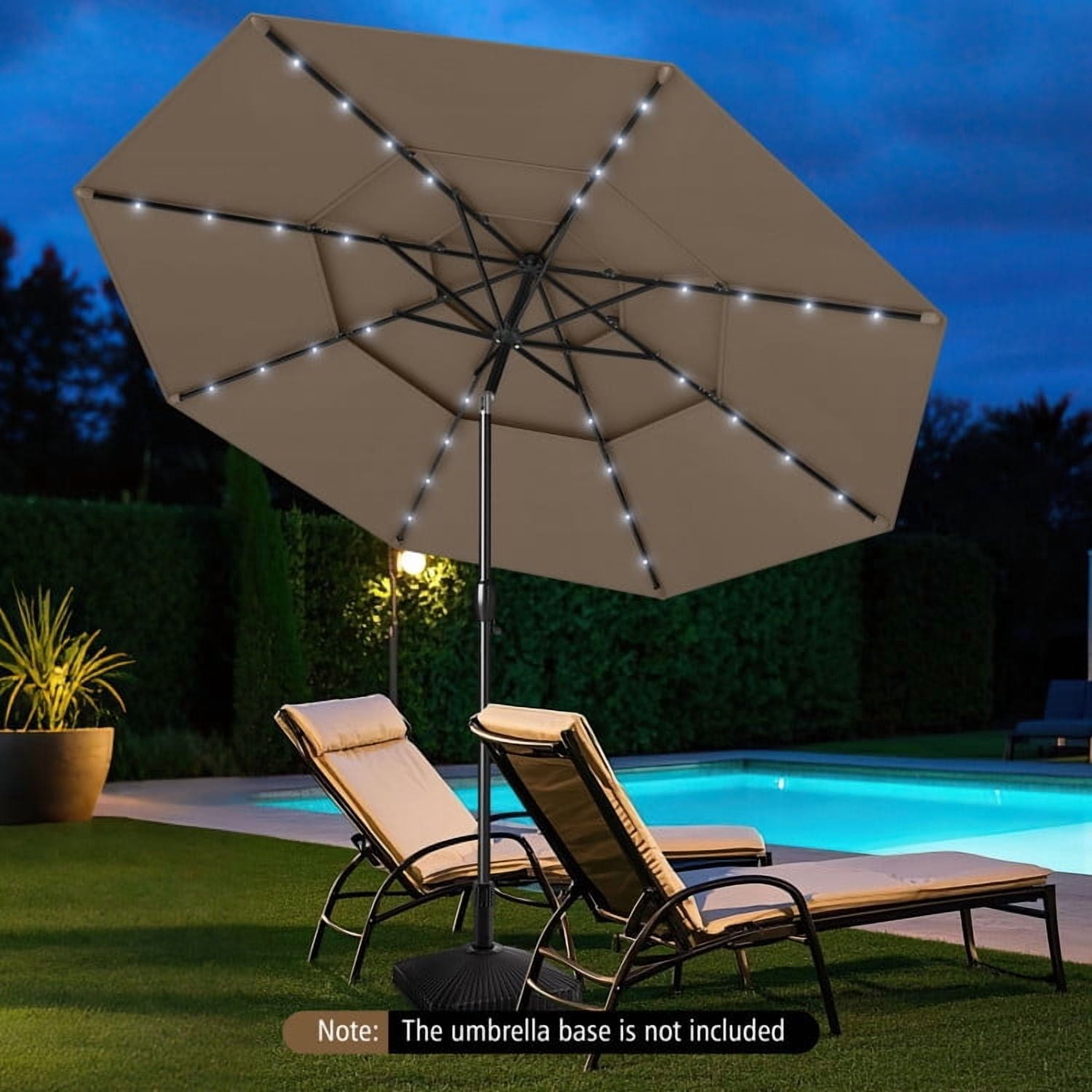 YYAo Outdoor Garden Umbrella,Market Umbrella,10 Feet Solar Patio Umbrella with 32 LED Lights 3-Tier Vented Top-Taupe