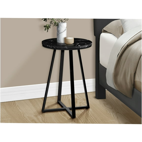 JERFIT Modern Round Side Table, Black Marble End Table with Metal X-Base for Living Room, Bedroom, Office