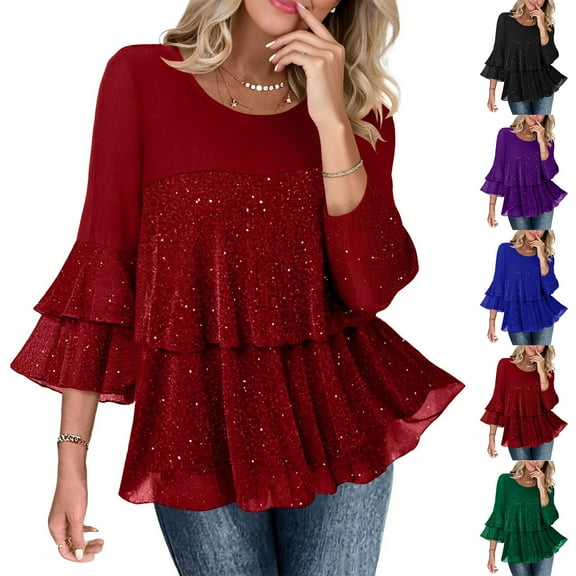 Laqbezok Chic Tiered Ruffle Sequin Top, Women's Round Neck Sparkly Loose Blouse, Elegant Evening Party Fashion Outfit