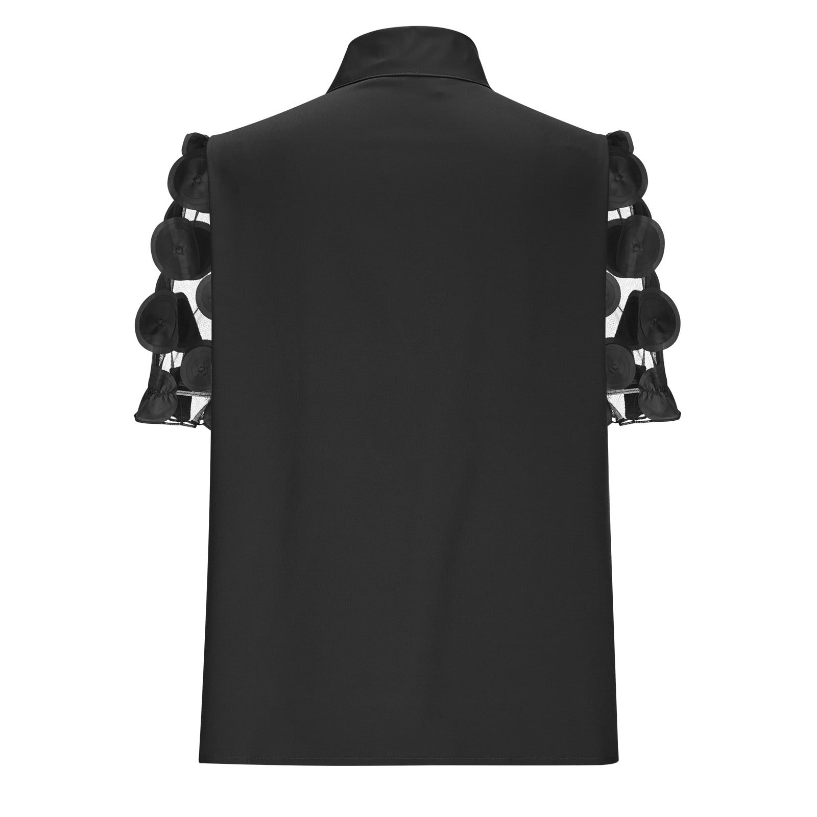 Women's Bow Tie Neck Lace Mesh Top – Floral Embroidered Short Sleeve Blouse For Office, Business Casual, Or Dressy Outfits
