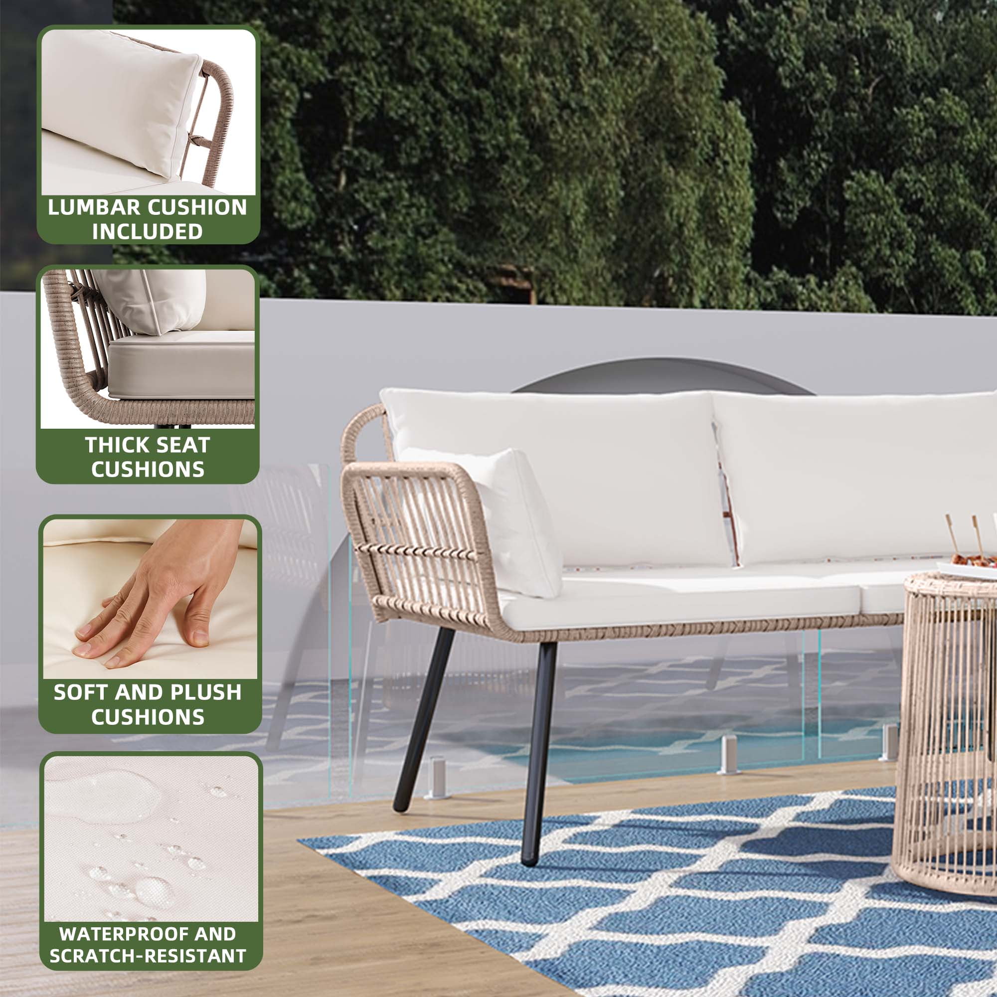 Uforic 3-Piece Outdoor Woven Rope Sectional Sofa Set Patio Furniture, L-Shaped Conversation Set w/ Table - Beige