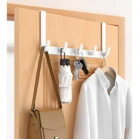 Over the Door Towel Holder, 5 Door Hanger Hook Heavy Duty Rack for Winter Coat, Fits 1 3/4" Door Widths Cabenit Drawer Hooks Hanging Clothes Towels (White)