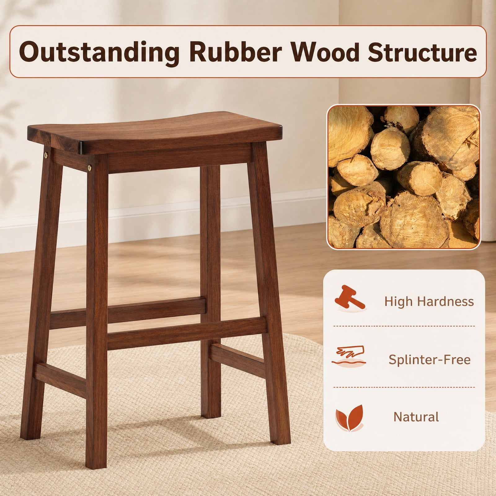 Furnibear Set of 2 Saddle-Seat Counter Height Stools with Curved Seat and Footrests for Kitchen Island Counter Bar Pub Dining Home, Walnut