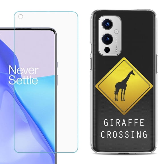 Slim-Fit TPU Phone Case Compatible with OnePlus 9 5G, with Tempered Glass Screen Protector, by OneToughShield ® - Road Sign Giraffe