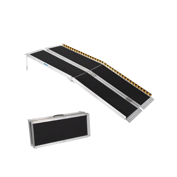 Portable aluminum wheelchair ramp con transition plate non-skid surface y reflective strips weight capacity up to 600 lbs
